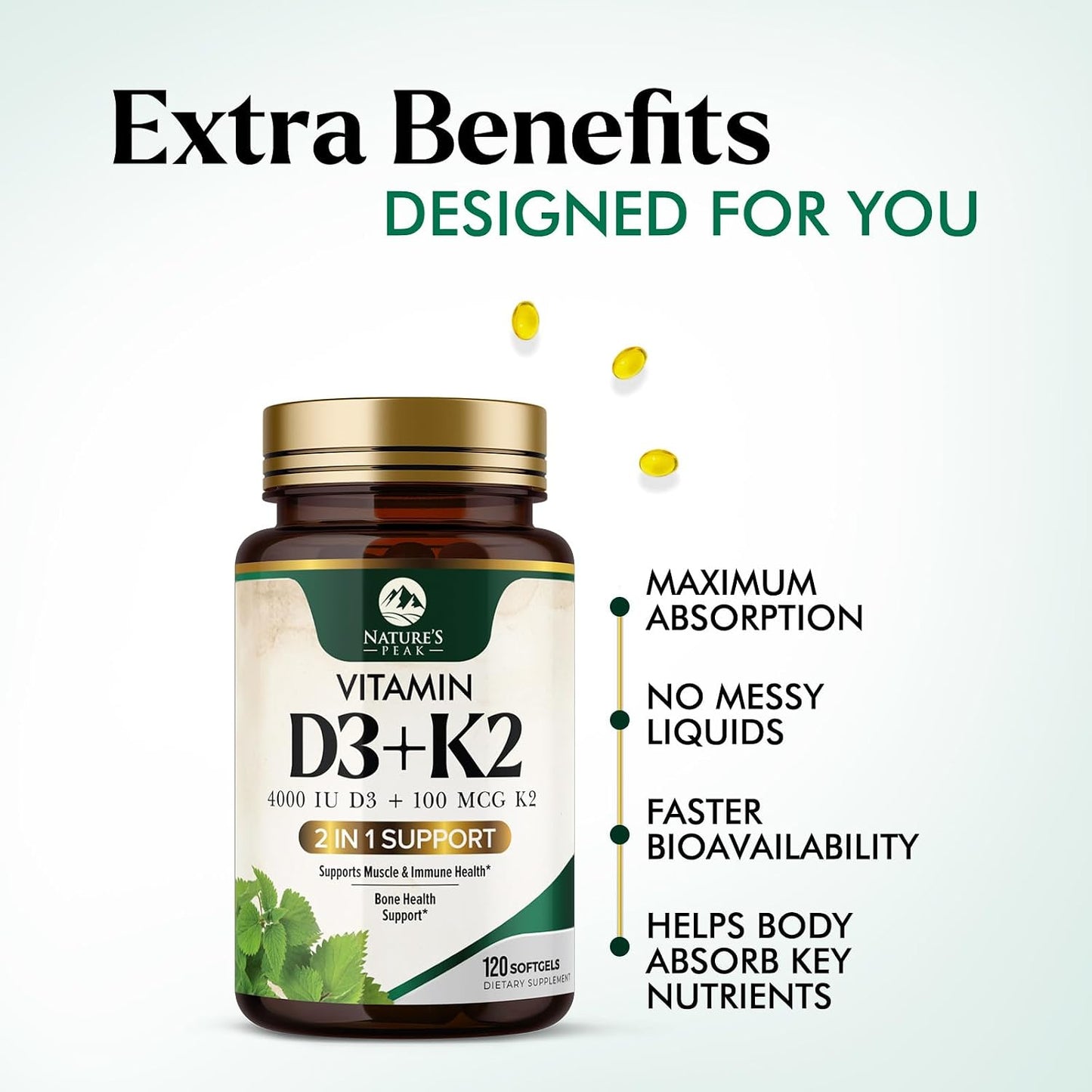 Nature's Peak Vitamin D3 K2 - High Strength 4000 IU D3 + K2 MK7 - 120 Soft gel capsules - görsel 7