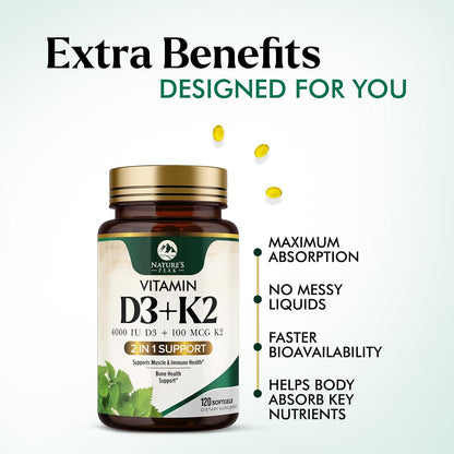 Nature's Peak Vitamin D3 K2 - High Strength 4000 IU D3 + K2 MK7 - 120 Soft gel capsules