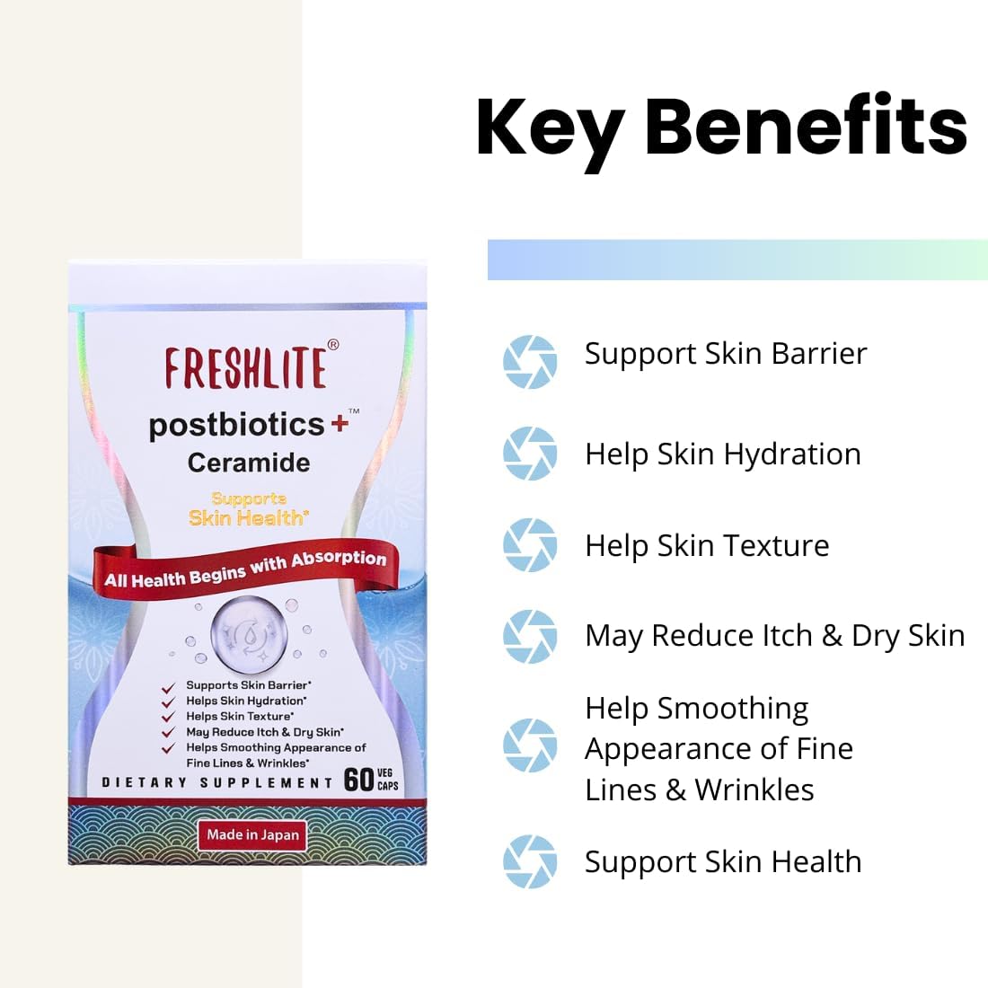 FRESHLITE Japanese Clear Skin Ceramide Supplement – Plant-Based Ceramide & Postbiotics for Hydration, Barrier & Elasticity – Non-GMO, Gluten-Free, 60 Vegan Capsules - görsel 3