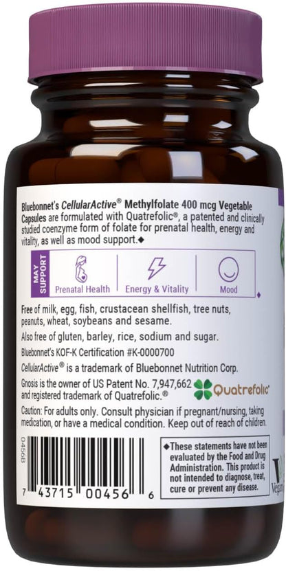 BlueBonnet CellularActive Methylfolate 400 mcg with Quatrefolic – 60 Vegan Capsules