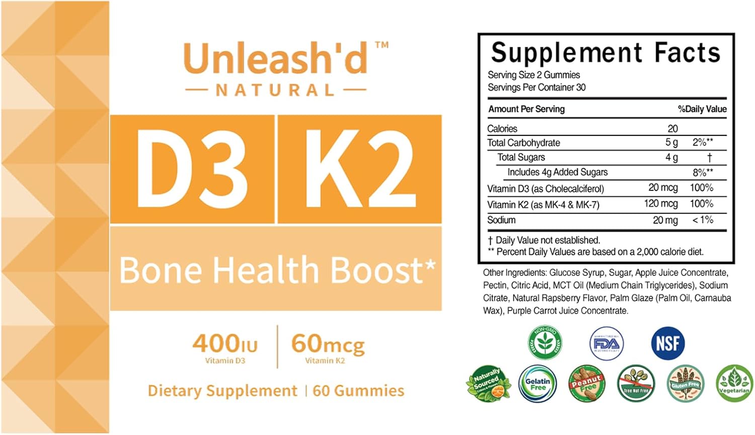 Unleash'd Vitamin D3 K2 Gummies 60 Count - görsel 2