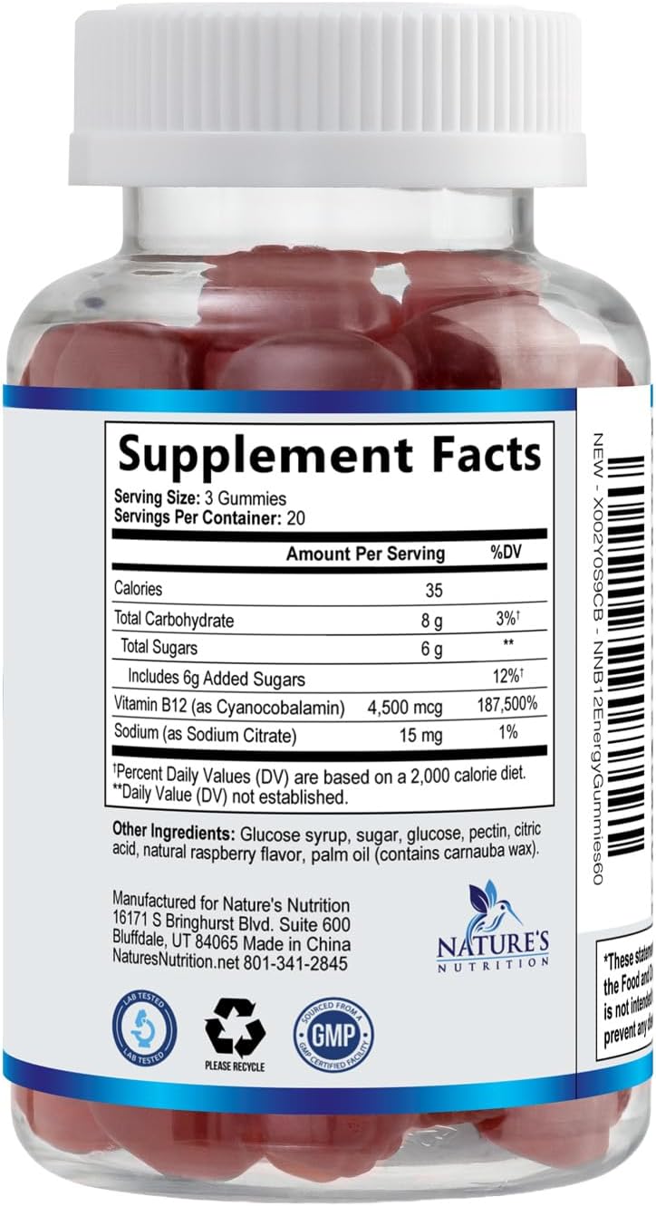 B12 Energy Gummies - 4500 mcg Vitamin B12 Per Serving - Extra Strength Chewable B12 Supplement - Natural Berry Flavoured - 60 Gummies - görsel 9