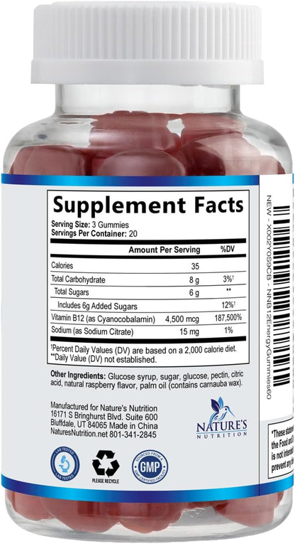 B12 Energy Gummies - 4500 mcg Vitamin B12 Per Serving - Extra Strength Chewable B12 Supplement - Natural Berry Flavoured - 60 Gummies
