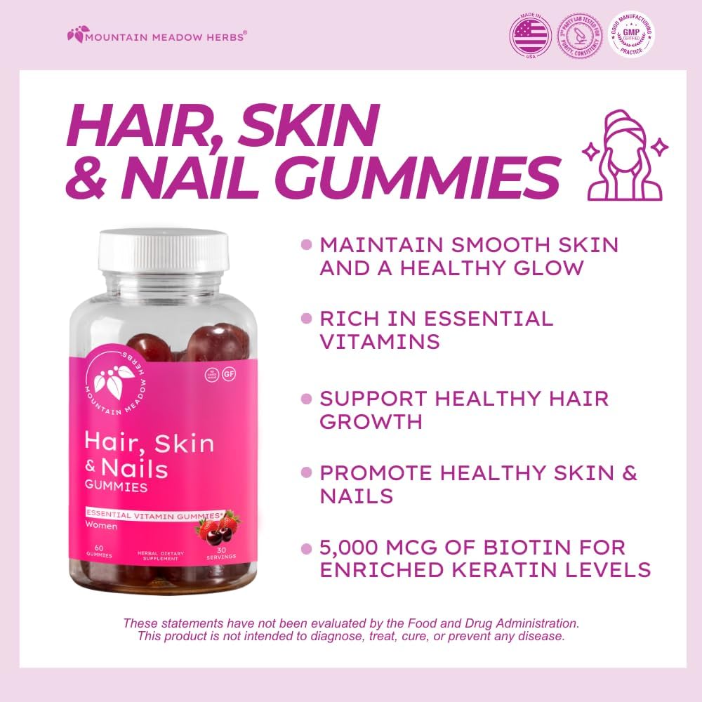 Mountain Meadow Herbs Hair, Skin and Nails Gummies - Essential Daily Support with Biotin (60 Count) - görsel 2