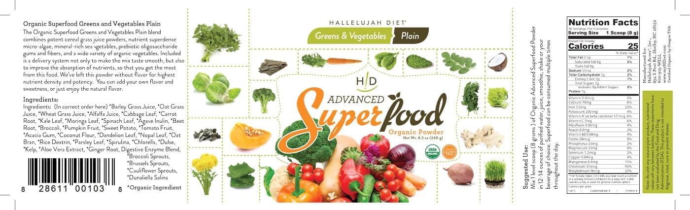 Advanced SuperFood, Greens and Vegetable Organic Powder – Plain, 8.5 oz (240g), by Hallelujah Diet - görsel 2