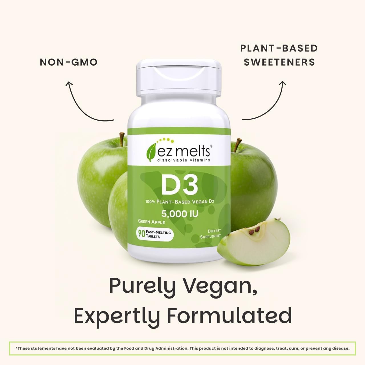 EZ Melts Vitamin D3 5,000 IU - Dissolvable Tablets, Vegan, Non-GMO - Green Apple - görsel 6