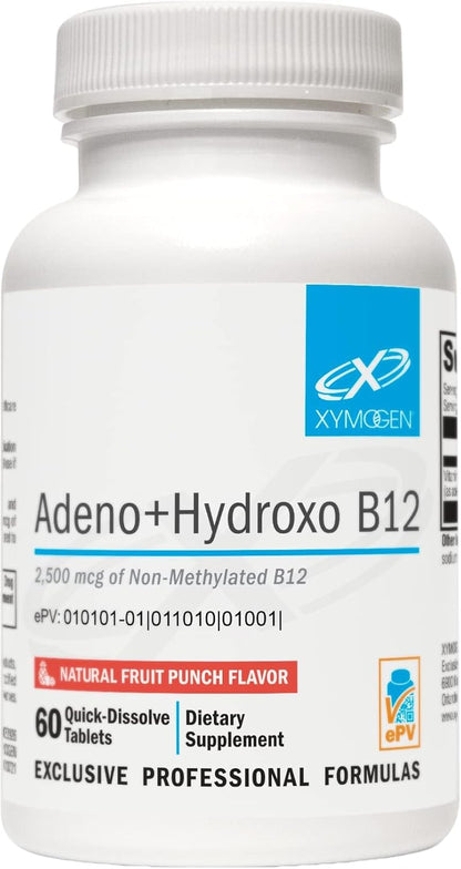 XYMOGEN Adeno+Hydroxo B12 - 2,500 mcg Non-Methylated Vitamin B12 - Fast-Dissolve Tablets - Fruit Punch - 60 Tablets