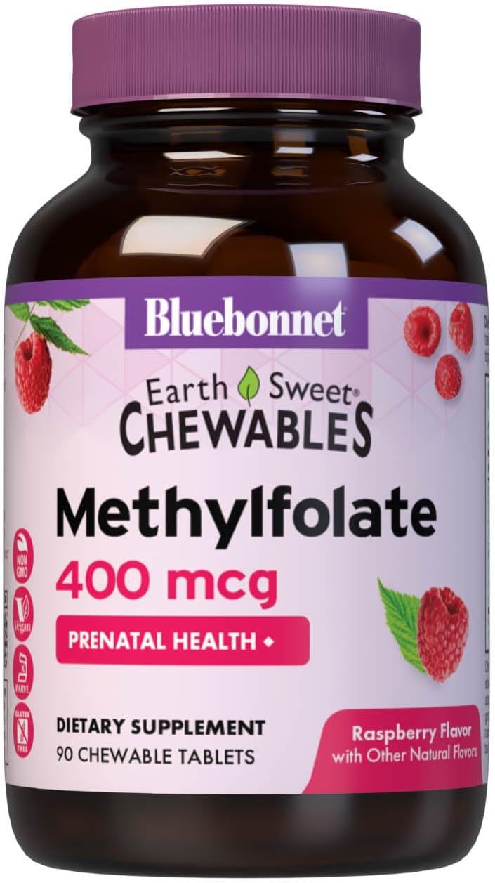 Bluebonnet EarthSweet Methylfolate 400 mcg Cellular Active Coenzyme 5-MTHF L-Methylfolate Supplement, Raspberry, 90 Chewable Tablets - görsel 1