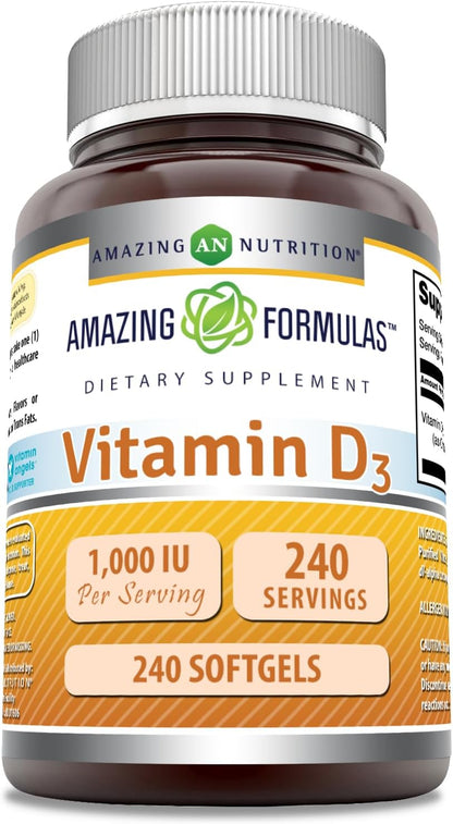 Amazing Formulae Vitamin D3 Supplement | 1000 IU | 240 Softgels | Non-GMO | Gluten-free | Made in USA