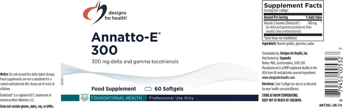 Designs for Health Annatto-E 300mg Tocotrienols Vitamin E - Delta + Gamma Tocotrienols to Support Heart Health, Eye Health, Healthy Ageing - DeltaGold Antioxidants Supplement (60 Vitamin E Softgels) - görsel 5