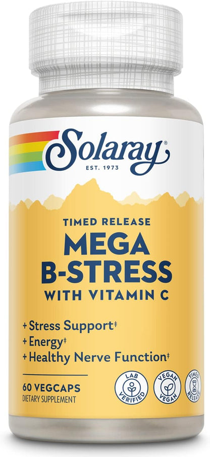 SOLARAY Mega Vitamin B-Stress - Timed Release Vitamin B Complex with Vitamin B12, B6, Folic Acid, and Vitamin C - Vegan, 240 Tablets