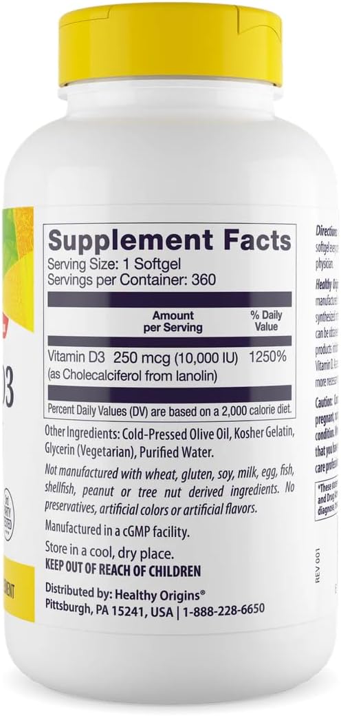 Healthy Origins Vitamin D3 10,000 IU (250 mcg), 360 Liquid Softgels - görsel 3
