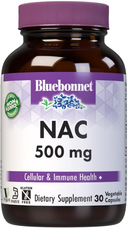 Bluebonnet NAC Supplement N-Acetyl-L-Cysteine 500 mg - Antioxidant Cellular Health & Immune Support - Free-Form Amino Acid - Non-GMO, Kosher, Gluten-Free - 90 Vegetable Capsules