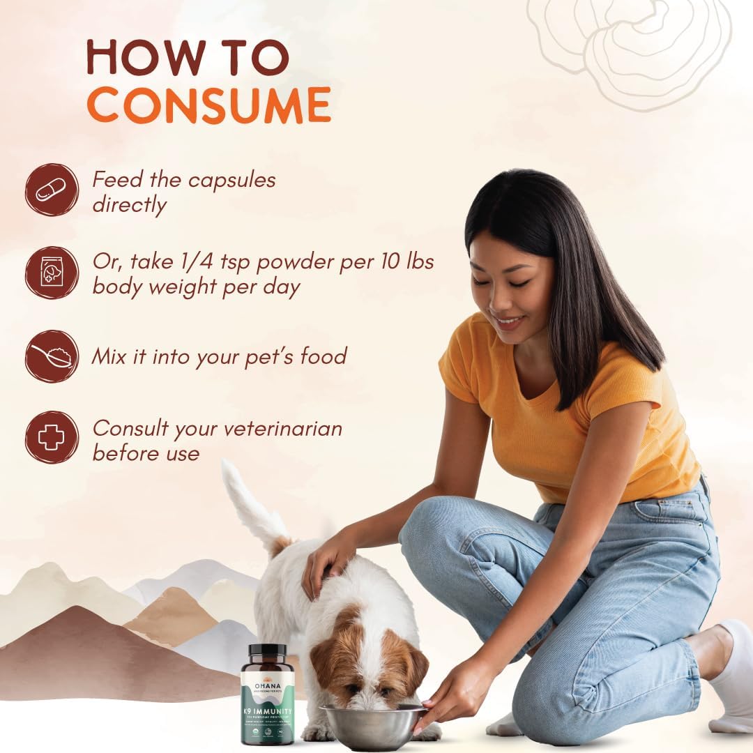 Ohana K9 Immunity, Dog Supplements, Contains 6 USDA Organic Mushroom Extracts for Dog Care, Non-GMO, Gluten-free, 90-Capsule Bottle, Pack of 1 - görsel 4