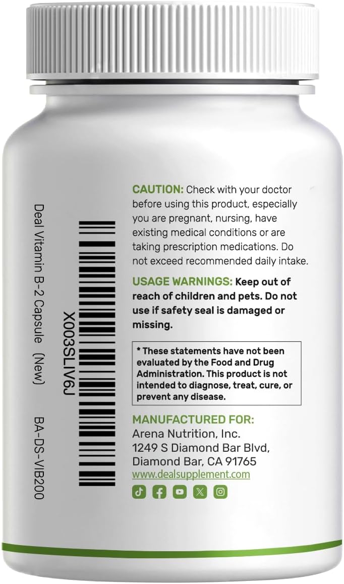 DEAL SUPPLEMENT Vitamin B2 (Riboflavin) 400mg + Magnesium Glycinate 400mg, 240 Capsules - görsel 7