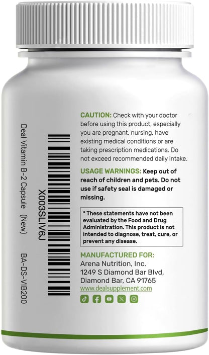 DEAL SUPPLEMENT Vitamin B2 (Riboflavin) 400mg + Magnesium Glycinate 400mg, 240 Capsules