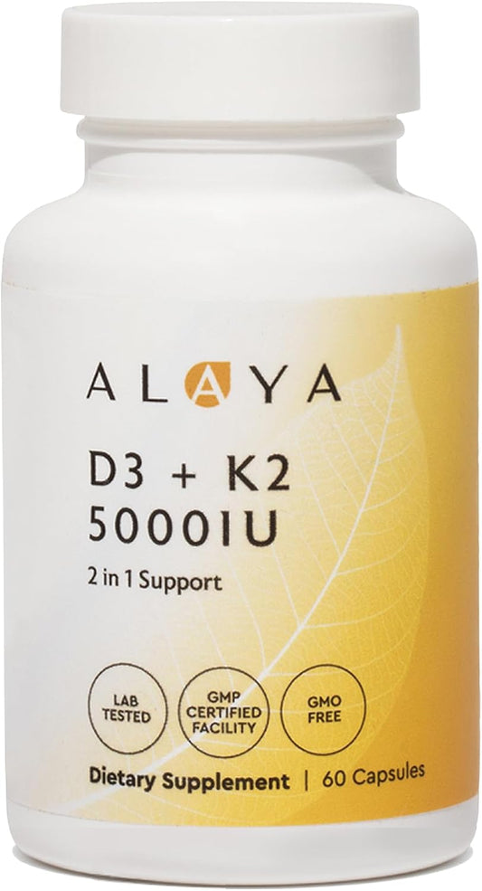 Alaya Naturals Vitamin D3 K2 Supplement – 5000 IU D3, 50 mcg K1, 15 mcg K2 MK-7 – High Absorption Capsules for Bone & Immune Support, Non-GMO, Vegetarian – 60 Count