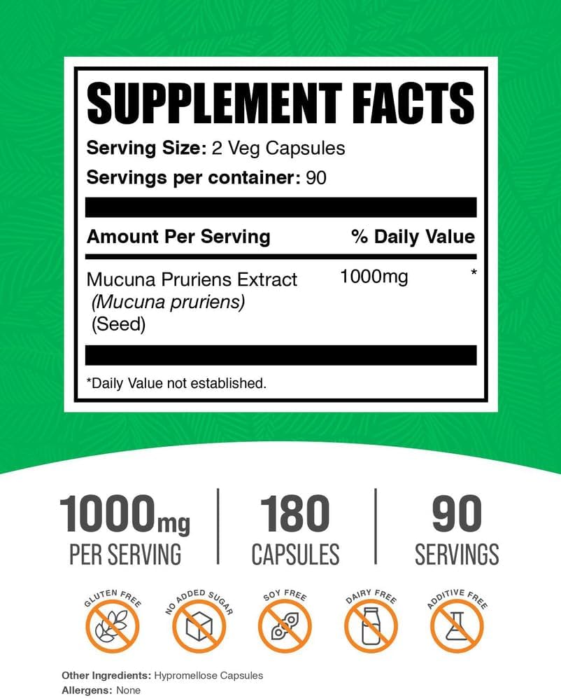 BulkSupplements.com Mucuna Pruriens Capsules – Herbal Supplements, Mucuna Pruriens Supplement, Velvet Beans – Vegan & Gluten-free, 2 Capsules per Serving (1000mg), 180 Count (Pack of 1) - görsel 2