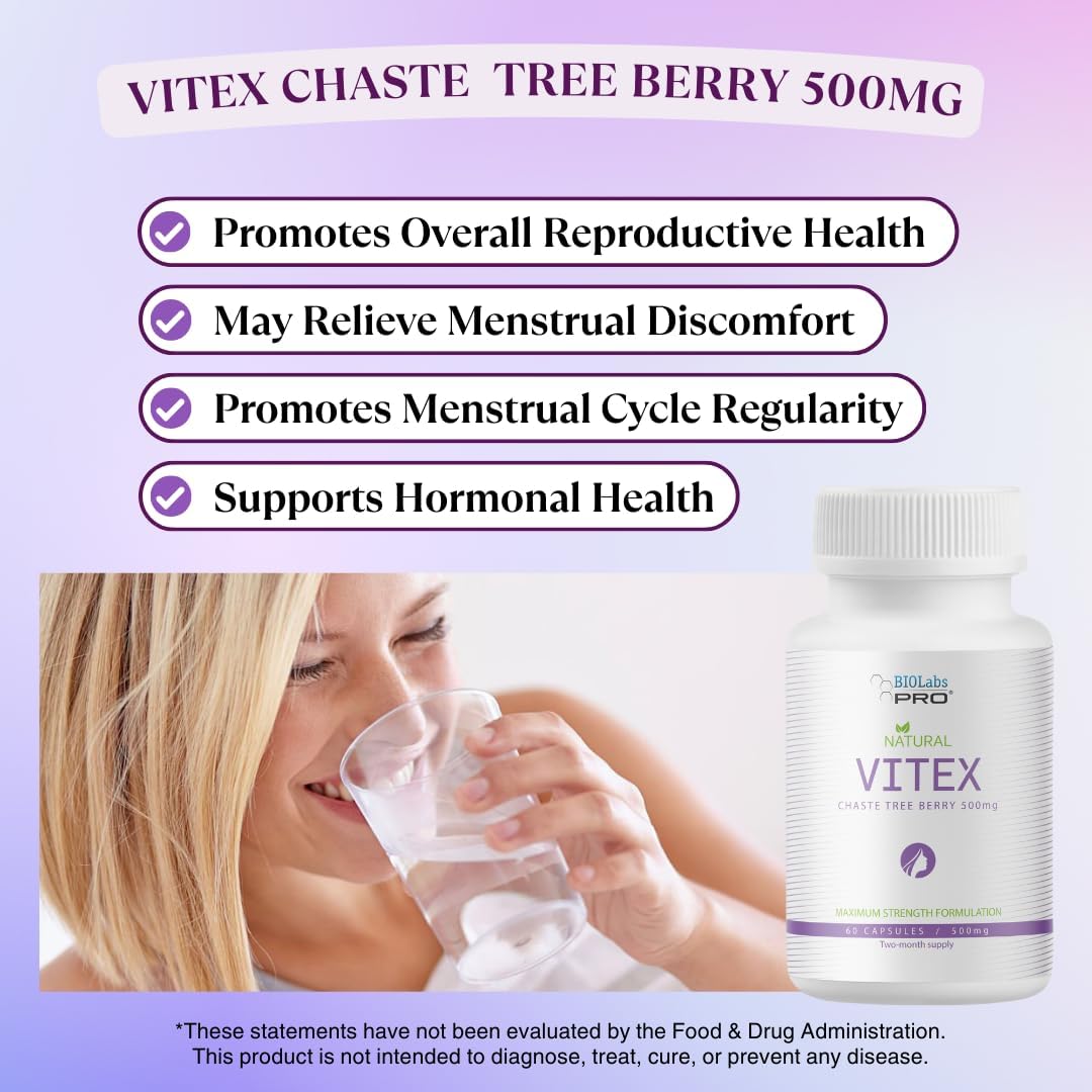 BIOLABS PRO Vitex Chasteberry Supplement - 500mg per Capsule, 60 Capsules (2-Month Supply) - görsel 4