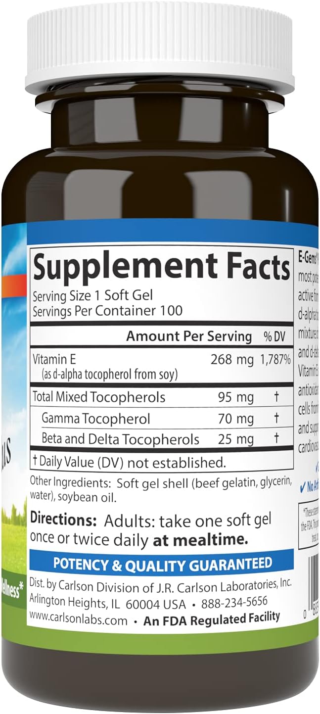 Carlson - E-Gems Plus, 400 IU (268 mg), Natural-Source Vitamin E, Optimal Wellness, 100 Soft Gels - görsel 2