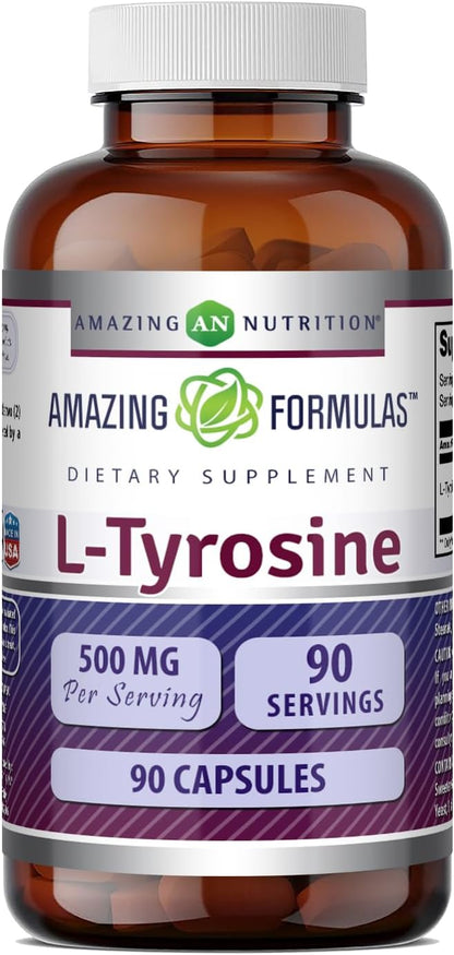 Amazing Formulae L-Tyrosine 500 mg Capsules - Amino Acid Supplement - Non-GM, Gluten-free - 3 Pack (180 Count)