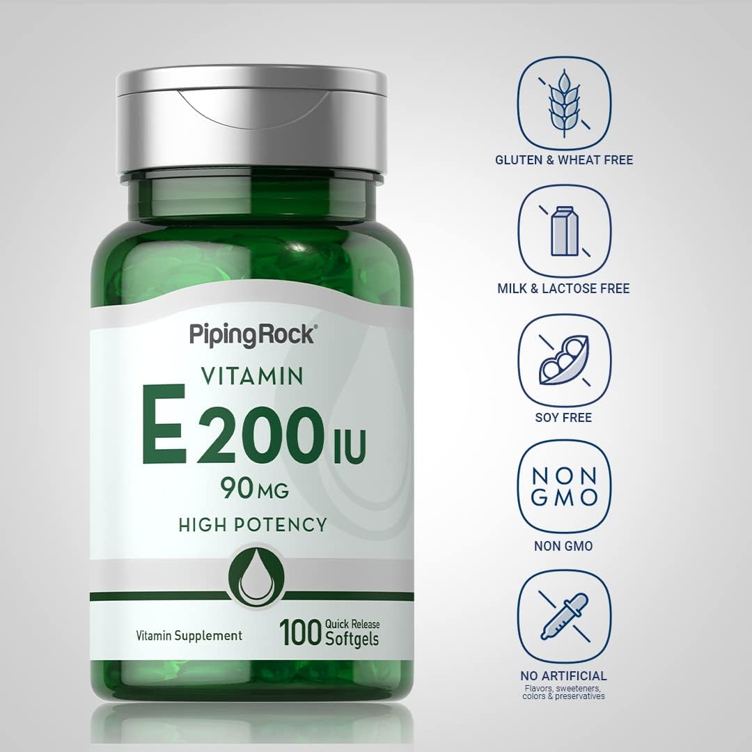 Piping Rock Vitamin E 200 IU | 90mg | 100 Soft gel capsule Capsules | High Potency Supplement | Non-GMO, Gluten-free - görsel 3