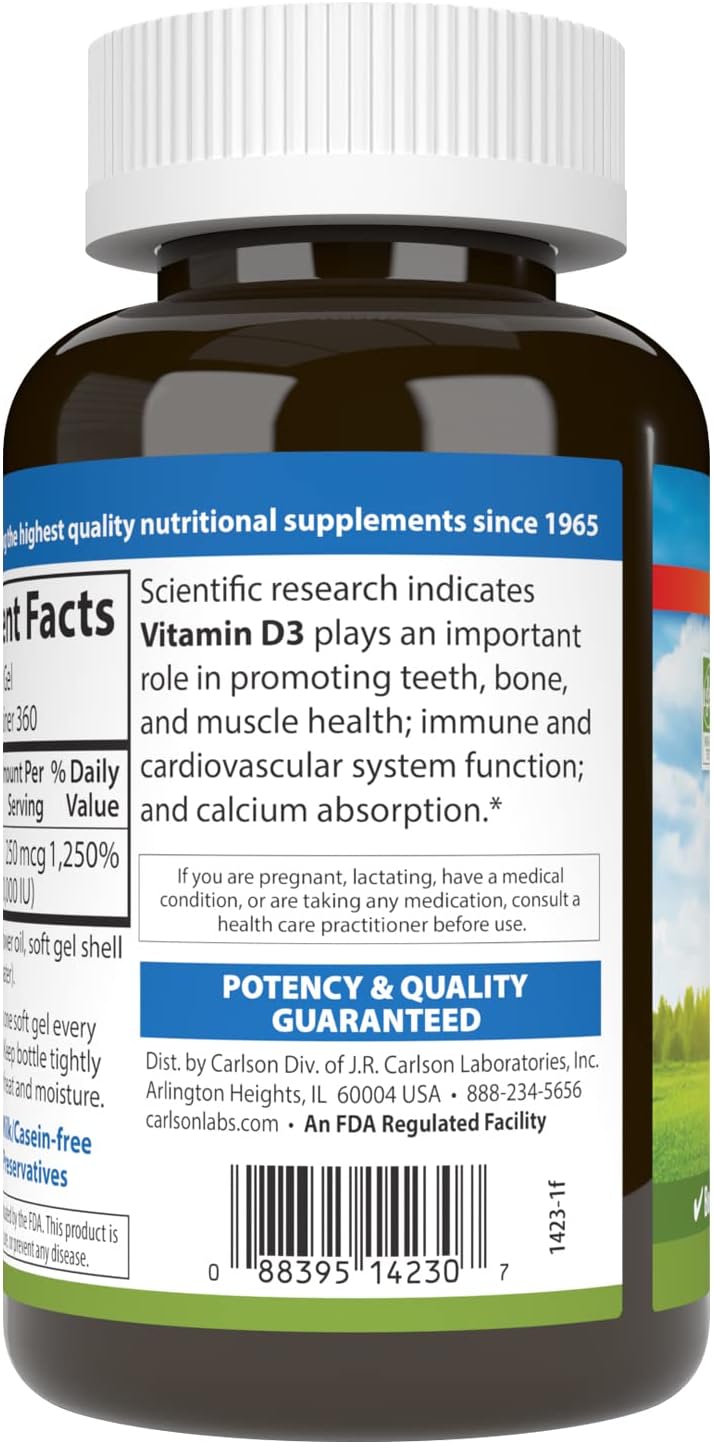 Carlson Vitamin D3 10,000 IU (250 mcg), Cholecalciferol, Bone & Immune Health, 360 Soft Gels - görsel 3