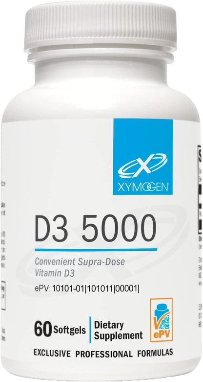 XYMOGEN D3 5000 - Bio-available Vitamin D3 5000 IU (125 mcg) - High Strength Vitamin D Food Supplement, 60 Softgels