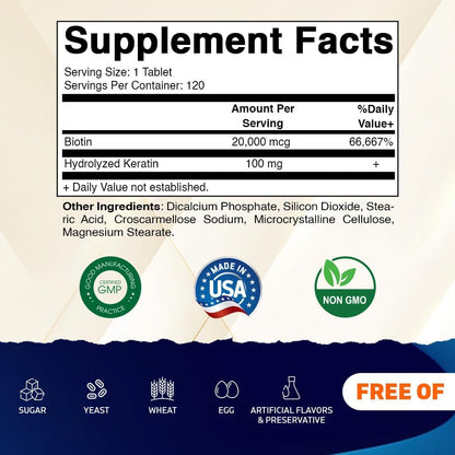 Vitamatic High Potency Biotin 20000 mcg (20 mg) with Keratin 100 mg – 120 Tablets (Pack of 2)
