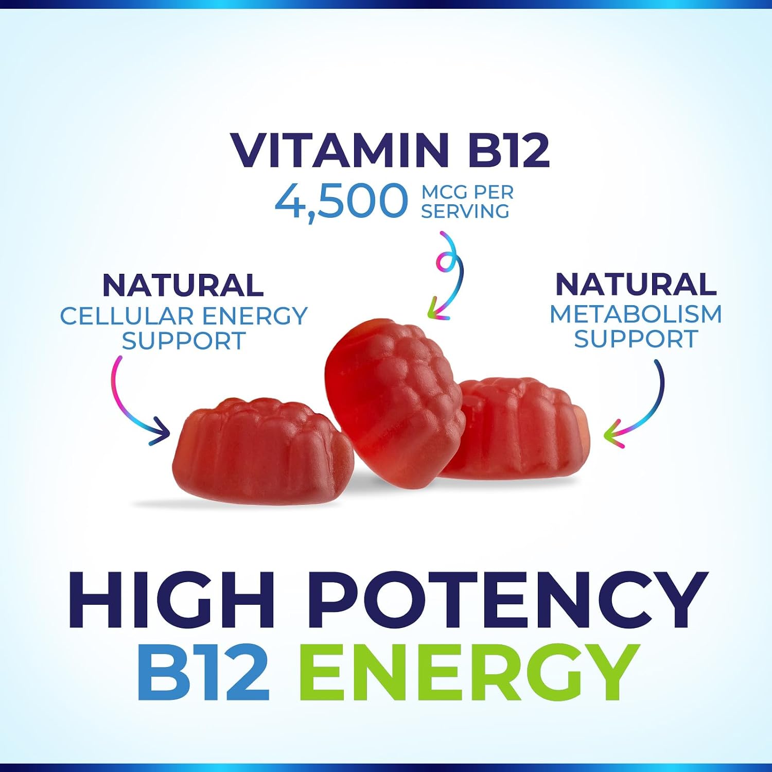 B12 Energy Gummies - 4500 mcg Vitamin B12 Per Serving - Extra Strength Chewable B12 Supplement - Natural Berry Flavoured - 60 Gummies - görsel 3