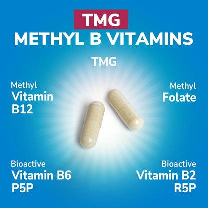 Vitalibre TMG Methyl B Complex – 5-MTHF Folate, B12 Methylcobalamin, TMG Trimethylglycine, 120 Vegan Capsules