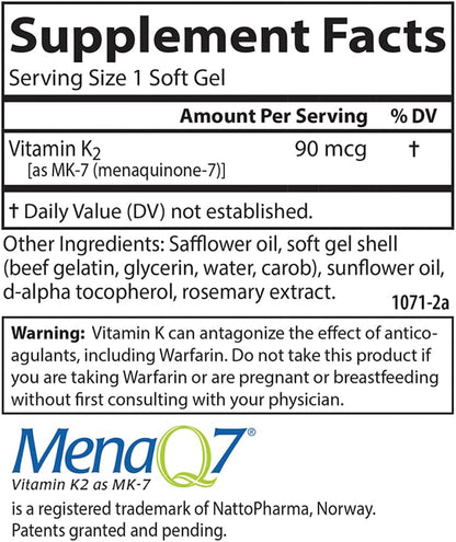 Carlson Vitamin K2 MK-7 (Menaquinone), 90 µg, Bone Support, 60 Softgels