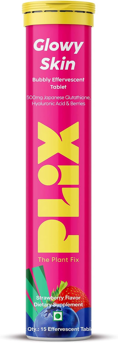 PLIX Glowy Skin 500mg Glutathione Supplement with Hyaluronic Acid, Vitamin C, E & Berries, 30 Effervescent Tablets (Strawberry Flavour)