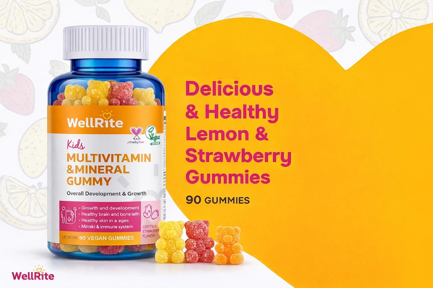 Kids Multivitamin Gummies – Wellrite Vitamin & Mineral for Growth & Immunity, Vegan, Gelatin Free, Gluten-free, Nut Free, 60 Count, Strawberry & Lemon Flavour - görsel 4
