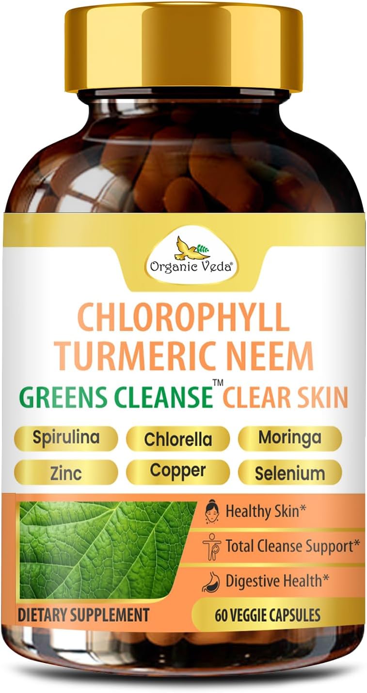 Organic Veda Chlorophyll Turmeric Neem Clear Skin Supplement - Greens Cleanse for Clear Skin, Zinc with Copper Women's Beauty Supplement - Chlorophyll Capsules for Gut and Liver Support, 60 Capsules - görsel 1
