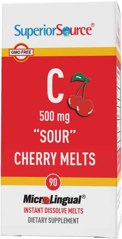 Superior Source Vitamin C 500 mg Sour Cherry Melts – Daily Vitamin Supplement for Immune Health – Contributes to Normal Collagen Formation – 90 Sublingual Dissolving Tablets