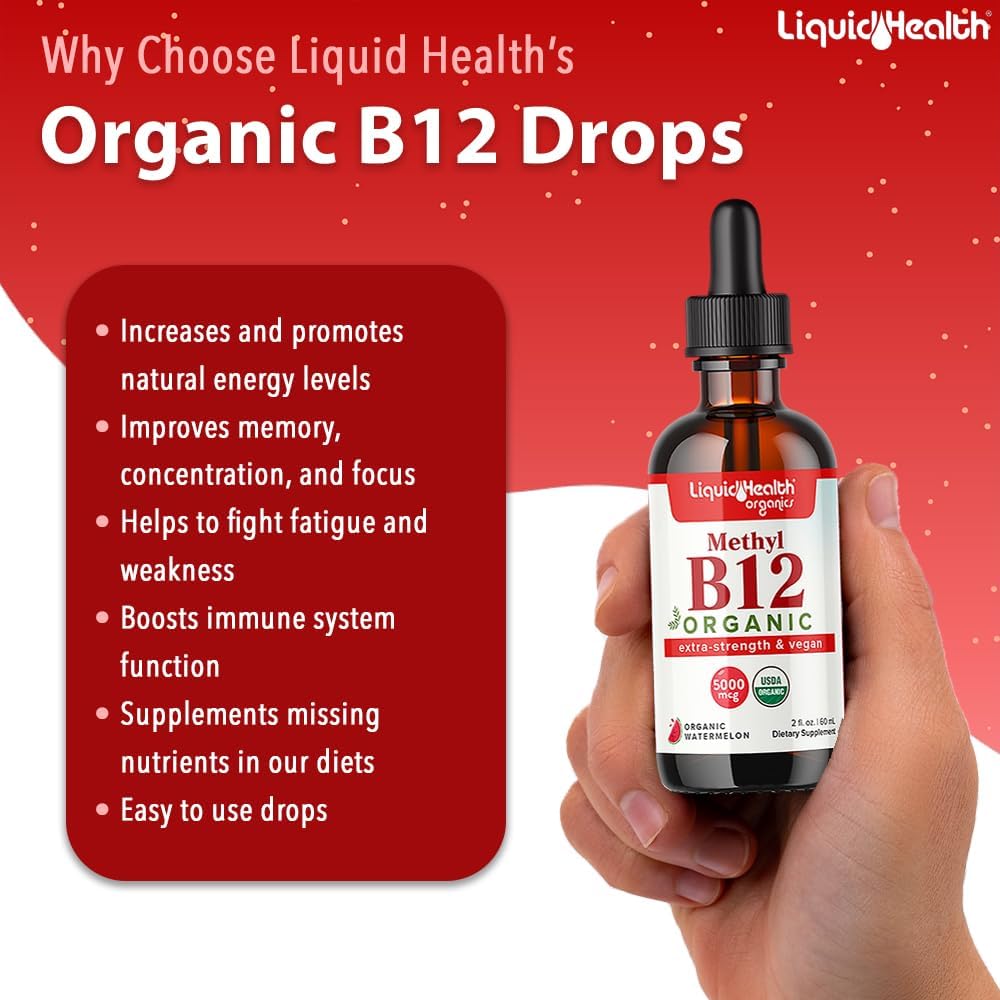 LIQUIDHEALTH Organic Vitamin B12 Liquid Drops – 5000mcg Methylcobalamin, Vegan, Non-GMO, 60 ml - görsel 3