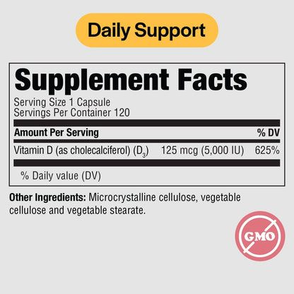 PureFormulas Vitamin D3 5,000 IU 125 mcg - Pure Vitamin D Supplement for Healthy Bone Formation, Teeth, Cardiovascular Health, and Immune Support Non-GMO - 120 Vegetarian Capsules