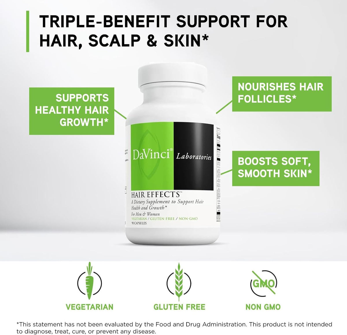 DAVINCI Labs Hair Effects – Biotin Supplement for Healthy Hair Growth & Skin – with Zinc, Saw Palmetto, Grape Seed Extract – Gluten-Free – 90 Vegetarian Capsules - görsel 3