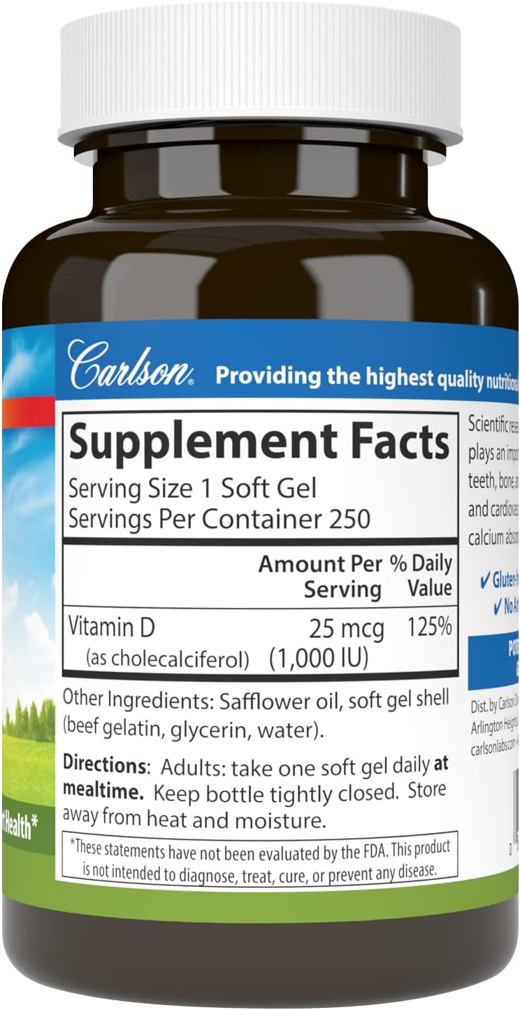Carlson Vitamin D3, 1000 IU, 250 Softgels - görsel 2