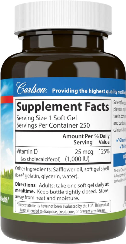 Carlson Vitamin D3, 1000 IU, 250 Softgels