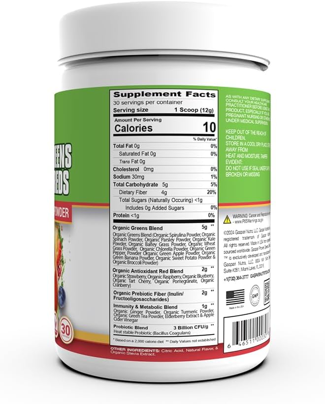 Gaspari Nutrition Greens and Reds: Organic Superfood Powder, Immune Support, Probiotics and Fibre, Vegan and Non-GMO (30 Servings, Mango Splash) - görsel 2