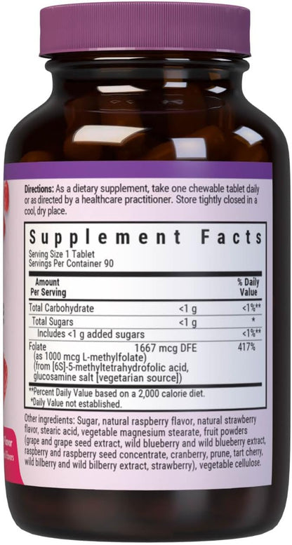 Bluebonnet EarthSweet Methylfolate 1000 mcg Cellular Active Coenzyme 5-MTHF L Methyl Folate Supplement – Prenatal & Energy Support – Non-GMO, Vegan, Gluten-Free – Raspberry – 90 Chewable Tablets