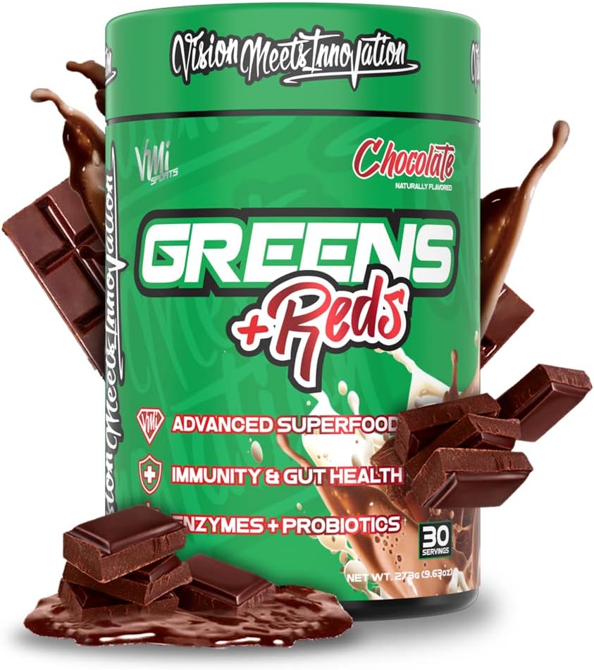 VMI Sports Greens + Reds Advanced Superfood for Immune Support and Digestive Health | Enzymes & Probiotics | 30 Servings (Chocolate) - görsel 1