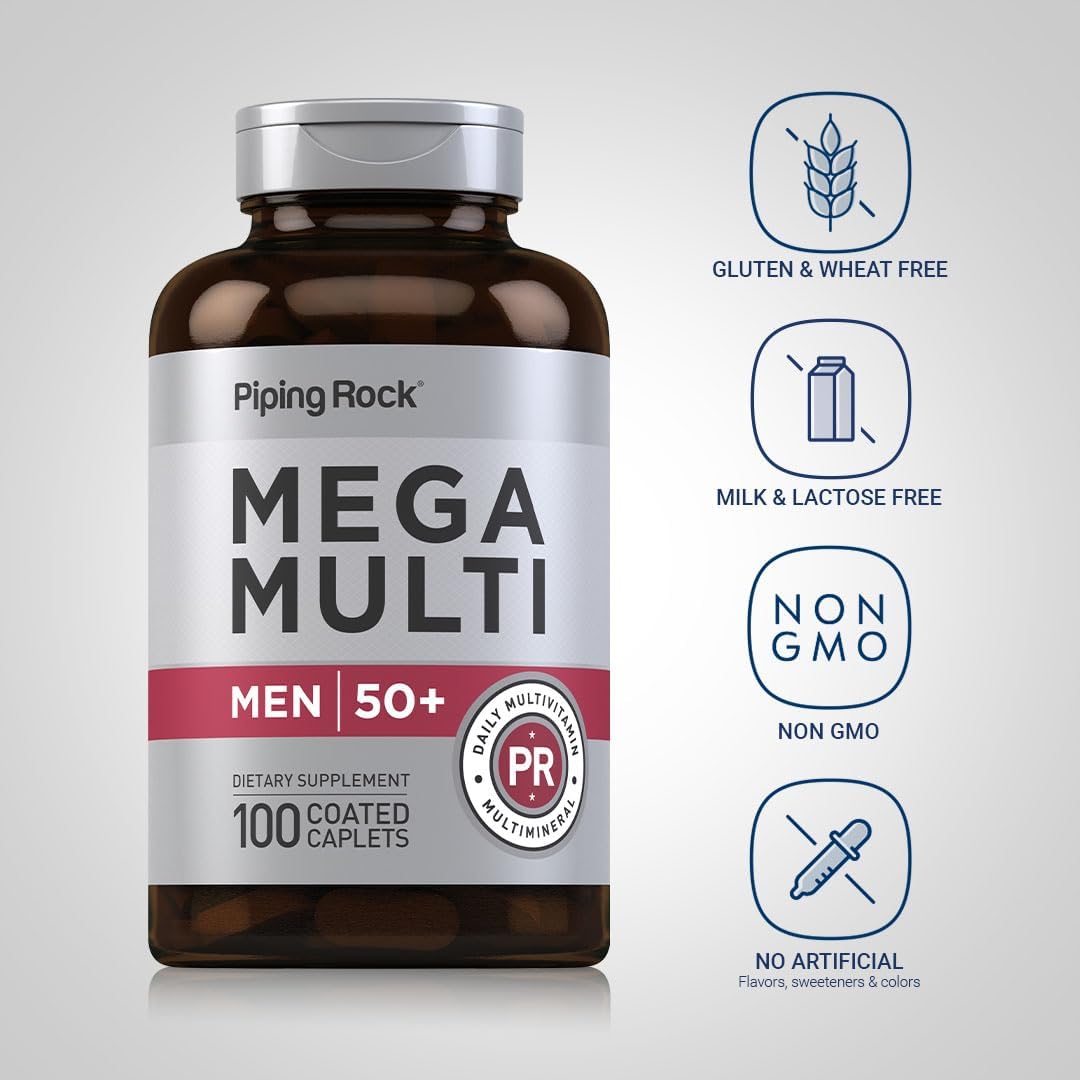 Piping Rock Multivitamin for Men Over 50 Plus | 100 Caplets | with Vitamin D3, Potassium, Folate | Non-GMO, Gluten-free - görsel 3