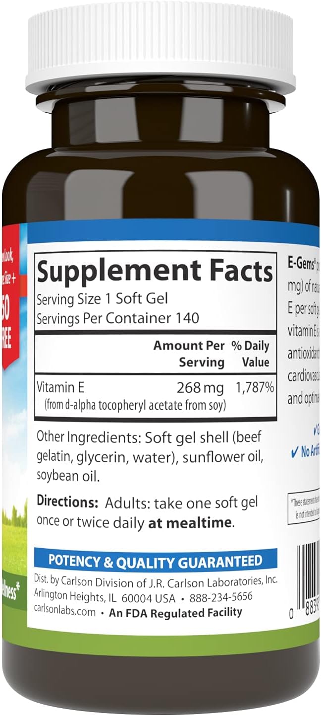 Carlson - E-Gems 400 IU (268 mg), Natural-Source Vitamin E, Supports Cellular Health, 140 Soft Gels - görsel 2