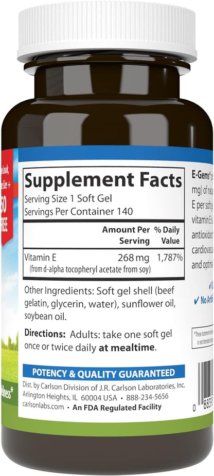 Carlson - E-Gems 400 IU (268 mg), Natural-Source Vitamin E, Supports Cellular Health, 140 Soft Gels