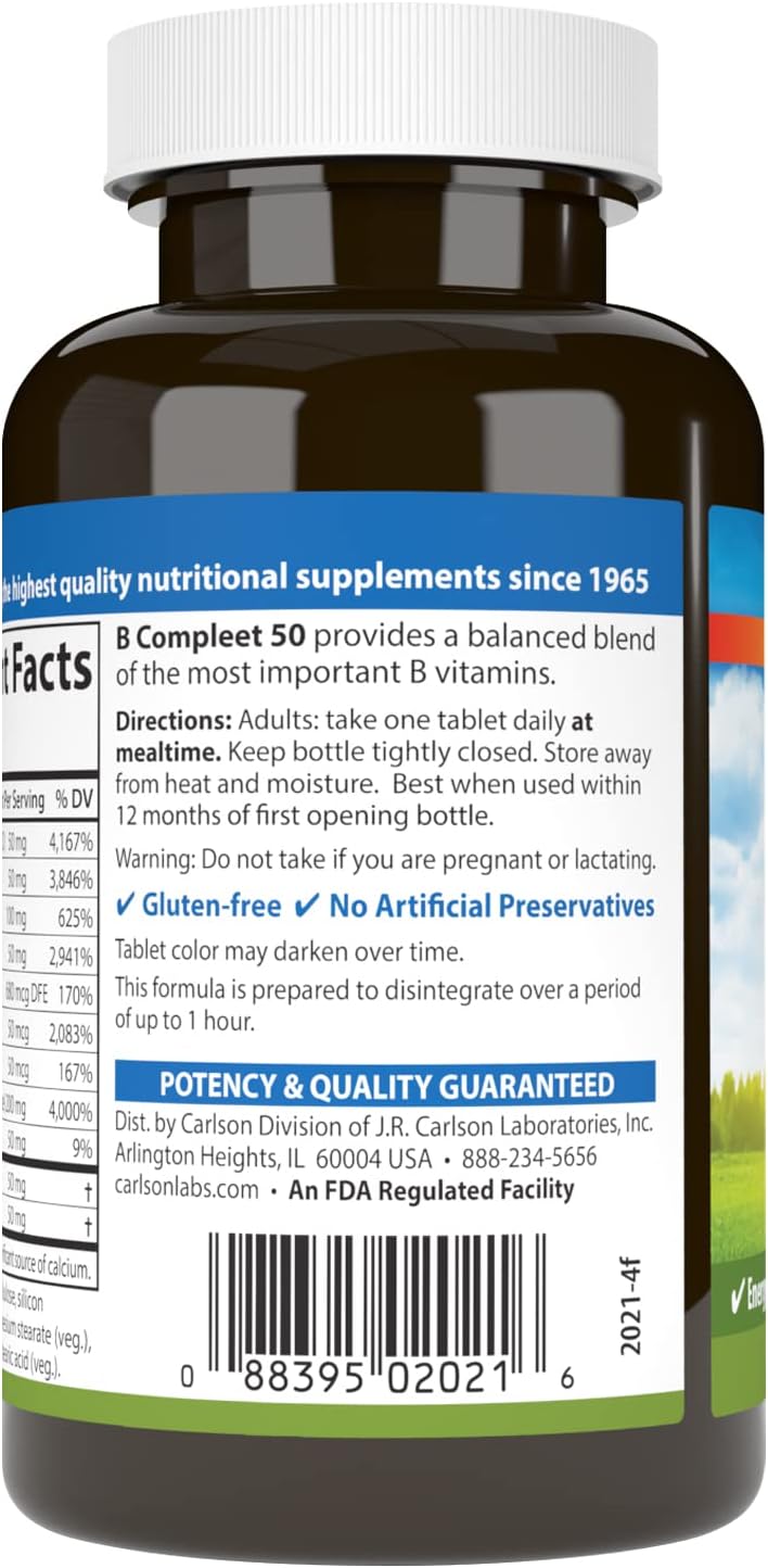 Carlson B-Compleet 50, Balanced Vitamin B Complex, Energy Support, Cellular Wellness, 100 Tablets - görsel 3