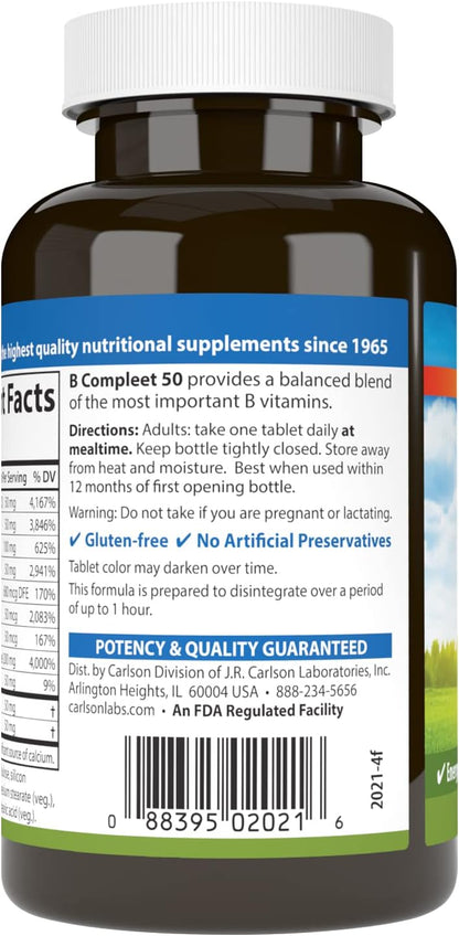 Carlson B-Compleet 50, Balanced Vitamin B Complex, Energy Support, Cellular Wellness, 100 Tablets