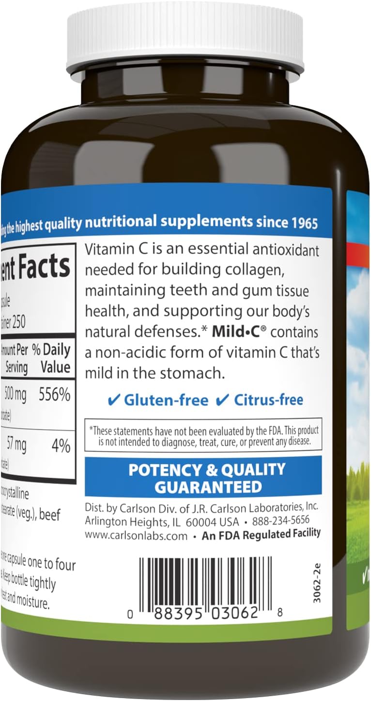 Carlson Mild-C 500 mg Buffered Vitamin C – 250 Capsules - görsel 3
